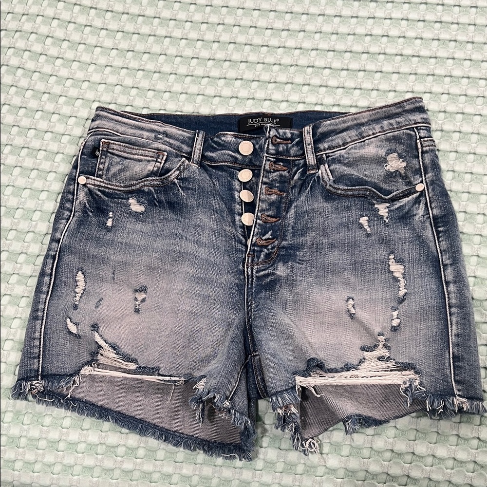 Judy Blue Women's Button-Fly Distressed Jean Shorts - Blue